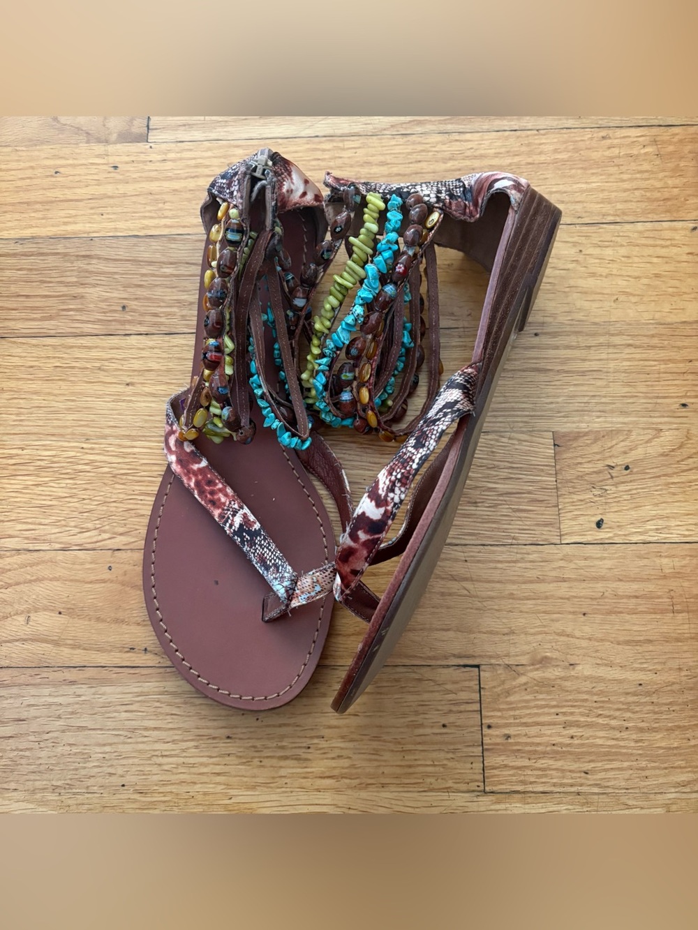 Zigi Girl Beaded Boho Sandals Ankle Zip Embellished Leather Sole Festival Size 9
